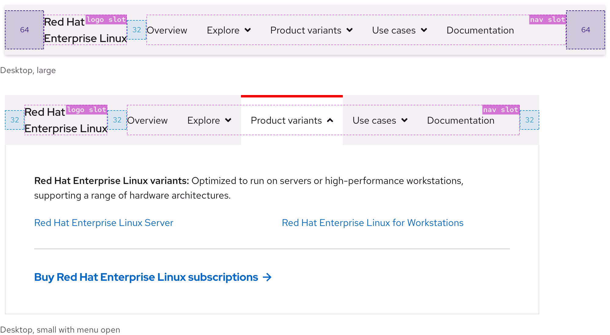 Image of secondary navigations; one has a menu collapsed and the other has a menu expanded, but both have the nav slot visible on large breakpoints